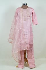 Onion Pink Color Embroidered Dola Silk Shirt with Pant and Embroidered Organza Dupatta