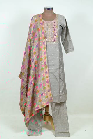 Grey Color Embroidered Chanderi Jacquard Shirt with Pant and Banarsi Dupatta