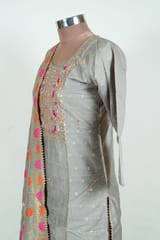 Grey Color Embroidered Chanderi Jacquard Shirt with Pant and Banarsi Dupatta