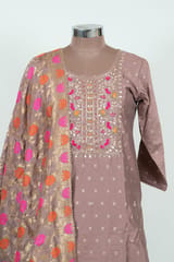 Light Brown Color Embroidered Chanderi Jacquard Shirt with Pant and Banarsi Dupatta