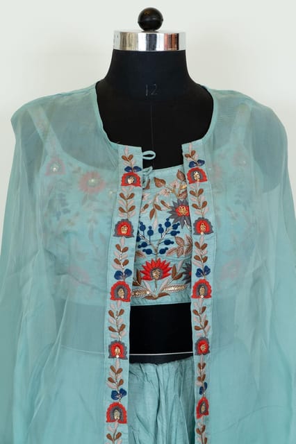 Sage Green Color Viscose Organza Jacket with Dola Silk Embroidered Blouse and Dola Silk Skirt