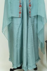 Sage Green Color Viscose Organza Jacket with Dola Silk Embroidered Blouse and Dola Silk Skirt