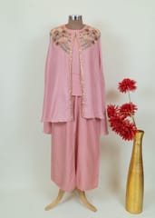 Pink Color Muslin Embroidered Top with Dola Silk Plazzo