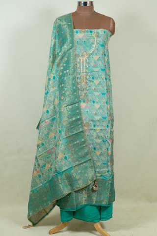 Firozi Color Banarasi Silk Print with Embroidered Shirt with Bottom and Printed Banarsi Silk Dupatta