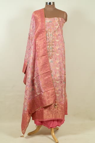 Onion Pink Color Banarasi Silk Print with Embroidered Shirt with Bottom and Printed Banarsi Silk Dupatta