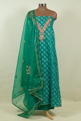 Green Color Organza Embroidered Shirt with Bottom and Organza Embroidered Dupatta