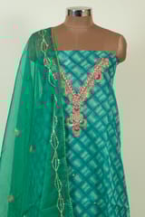 Green Color Organza Embroidered Shirt with Bottom and Organza Embroidered Dupatta