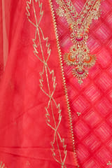 Majenta Color Organza Embroidered Shirt with Bottom and Organza Embroidered Dupatta