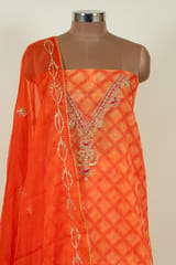 Orange Color Organza Embroidered Shirt with Bottom and Organza Embroidered Dupatta