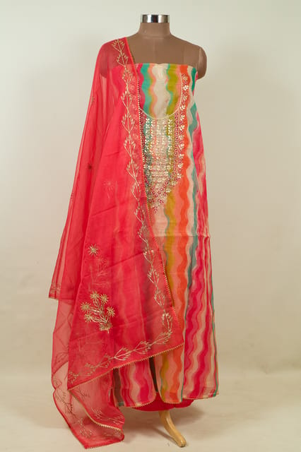 Multi Color Organza Embroidered Shirt with Bottom and Organza Embroidered Dupatta