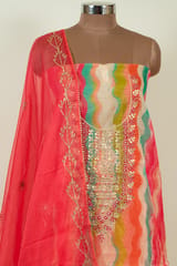 Multi Color Organza Embroidered Shirt with Bottom and Organza Embroidered Dupatta