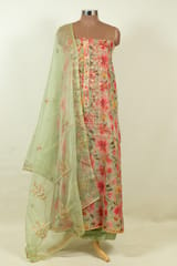 Green Color Organza Embroidered Shirt with Bottom and Organza Embroidered Dupatta