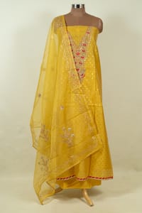 Yellow Color Chanderi Embroidered Shirt with Bottom and Organza Embroidered Dupatta
