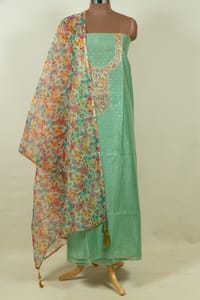 Green Color Chanderi Embroidered Shirt with Bottom and Organza Printed Dupatta