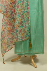 Green Color Chanderi Embroidered Shirt with Bottom and Organza Printed Dupatta