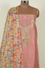 Onion Pink Color Chanderi Embroidered Shirt with Bottom and Organza Printed Dupatta