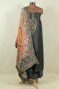 Grey Color Chanderi Embroidered Shirt with Bottom and Printed Banarasi Silk Dupatta