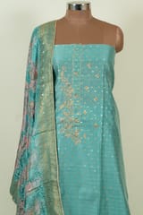 Firozi Color Chanderi Embroidered Shirt with Bottom and Banarasi Silk Printed Dupatta