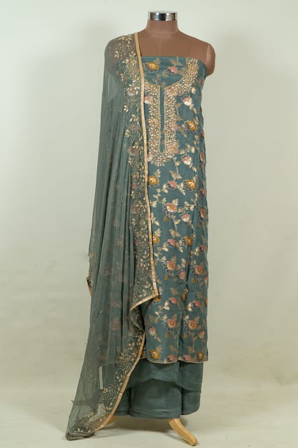 Greyish Green Color Viscose Organza Embroidered Shirt with Bottom and Chiffon Embroidered Dupatta