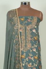 Greyish Green Color Viscose Organza Embroidered Shirt with Bottom and Chiffon Embroidered Dupatta