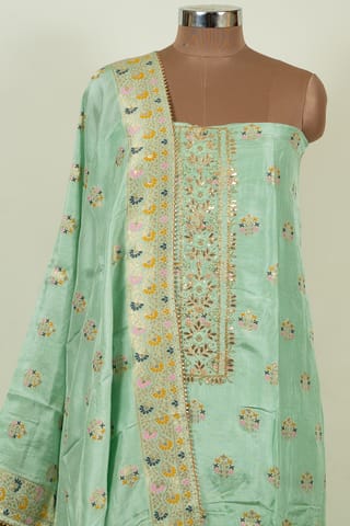 Green Color Dola Silk Embroidered Shirt with Bottom and Dola Silk Banarsi Dupatta