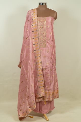 Onion Pink Color Dola Silk Embroidered Shirt with Bottom and Dola Silk Jacquard Dupatta