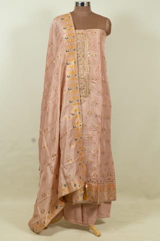 Peach Color Dola Silk Embroidered Shirt with Bottom and Dola Silk Jacquard Dupatta