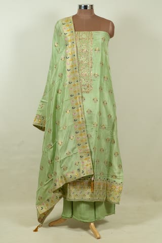 Pista Green Color Dola Silk Embroidered Shirt with Bottom and Dola Silk Jacquard Dupatta