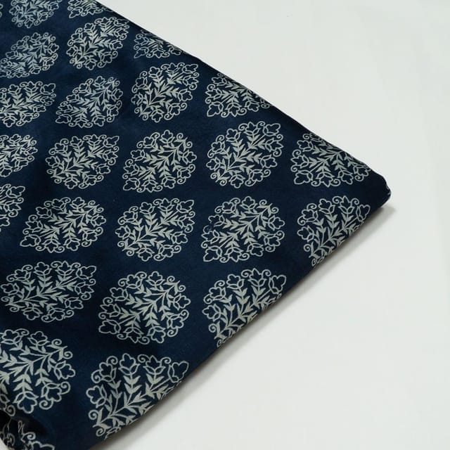 Blue Color Mashru Silk Ajrakh Printed Fabric