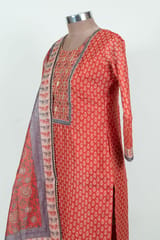 Red Color Print with Embroidered Chanderi Shirt with Pant and Printed Chanderi Dupatta