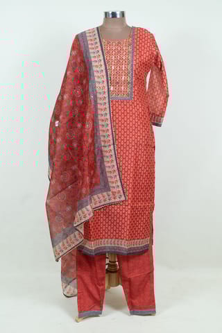 Red Color Print with Embroidered Chanderi Shirt with Pant and Printed Chanderi Dupatta