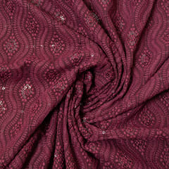 Wine Color Georgette Chikan Embroidered Fabric