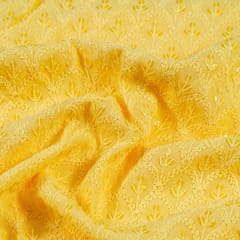 Yellow Color Rayon Chikan Embroidered Fabric (95Cm Piece)