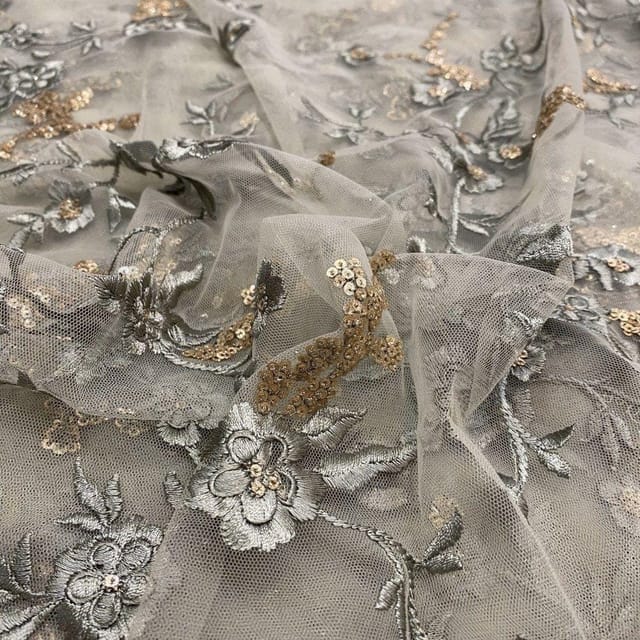 Sage Green Net thread & Sequins Embroidered Fabric