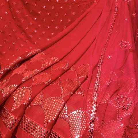 Red Faux Mirror Embroidery Lehanga Set