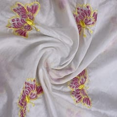 White Colour Chanderi Butterfly Embroidered Fabric