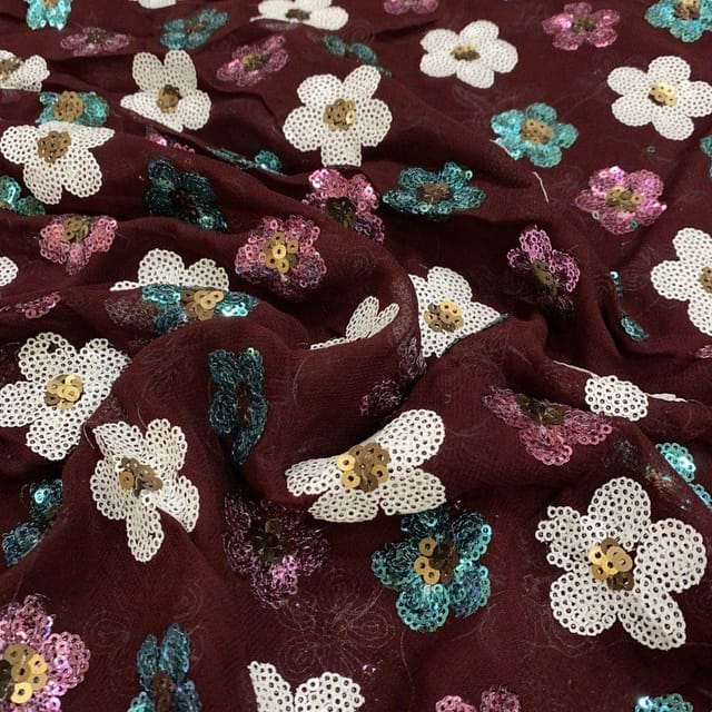 Wine Colour Georgette Sequins Embroidered Fabric