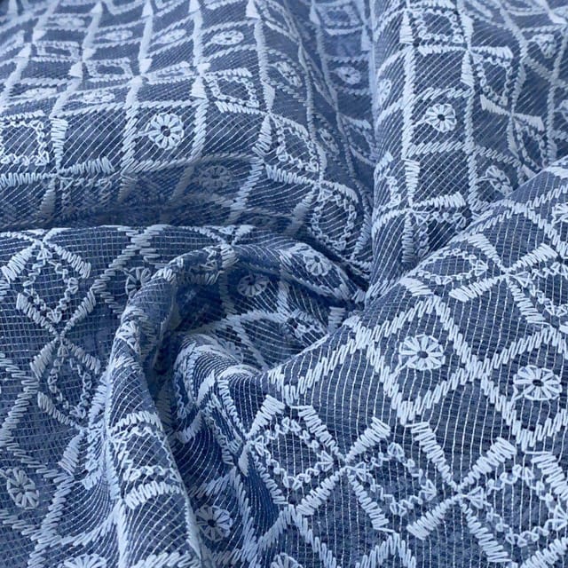 Grey Kota Chikan Embroidered Fabric