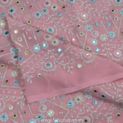Pink Color Poly Georgette Thread and Mirror Embroidered Fabric