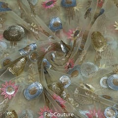 Beige Color Net Embroidered Fabric