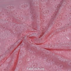 Peach Georgette Lakhnavi Embroidered Fabric