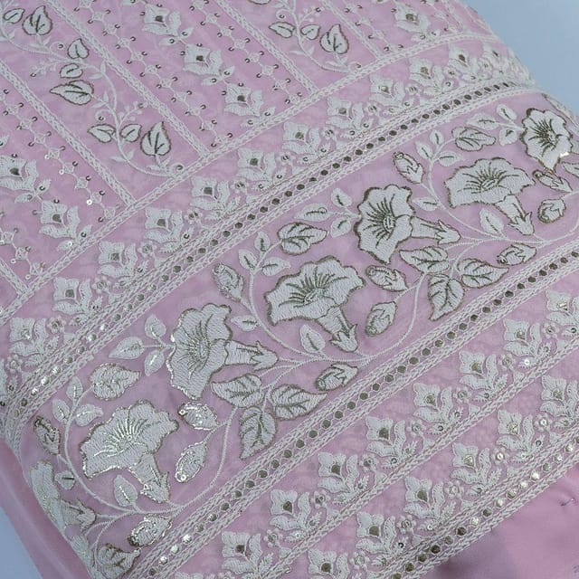 Pink Color Georgette Thread Embroidered Fabric