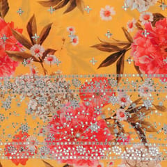 Mustard Color Georgette Digital Print With Sequins & Faux Mirror Embroidered Fabric