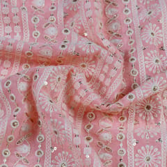 Peach Color Georgette Thread Embroidered Fabric