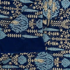 Blue Color Georgette Thread with Zari Embroidered Fabric
