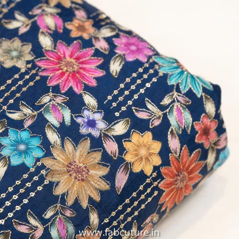 Navy Blue Upada Print N Embroidered Fabric