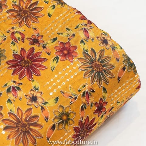 Mustard Upada Print N Embroidered Fabric