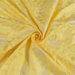 Yellow Color Dola Silk Embroidered Fabric
