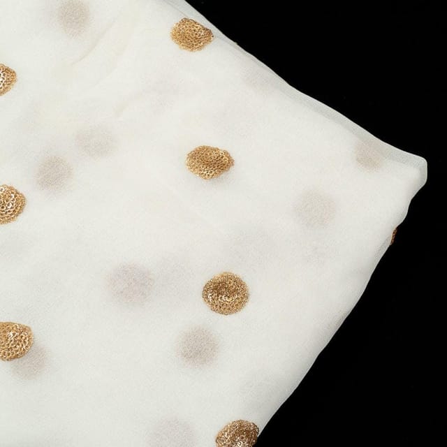 White Golden Polka Dots Embroidered Dyeable Georgette (90Cm Piece)