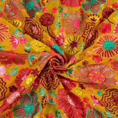 Mustard Color Georgette Multicolor Thread Embroidered Fabric